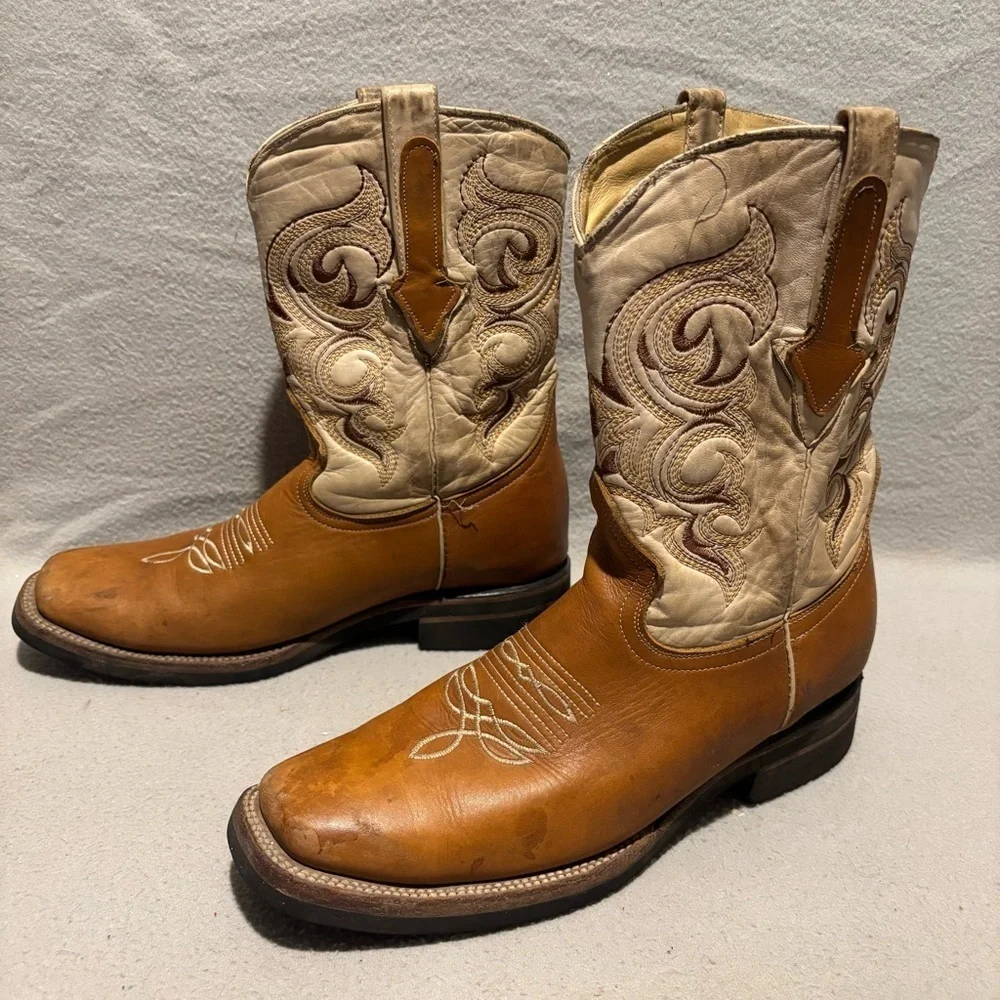 Silver Wild Western Cowboy Boots Brown Beige Pull On Mid Calf approx. size 10